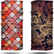 Dair Altın Yaprak - Motif Desenli 2'li Set Boyunluk Bandana Outdoor Balaklava Yüz Maskesi Kafa Bandı