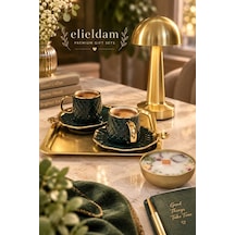 Doğum Günü, Özel Gün, Yeni İş, Yeni Ev Hediyesi İkili Porselen Fincan, Altın Sunum Tepsisi, Soya Mum Ve Masa Lambası Seti