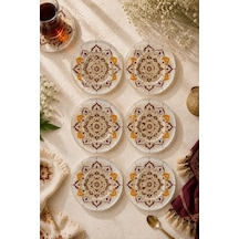 6 Lı Cam Çay Tabağı - Bordo Gold Otantik Mandala Desenli 12 Cm - 6 Adet Çay Tabak Turuncu