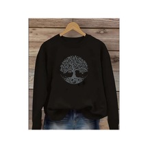 Herkesemoda Ağaç Baskı Detaylı Bisiklet Yaka Sweatshirt Siyah