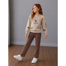 Çiçek Baskılı Sweatshirt Ve Kahverengi Çizgili Eşofmanlı Kız Çocuk Bej&kahve Uyumu Harika Alt Üst 2' Krem - Kahverengi