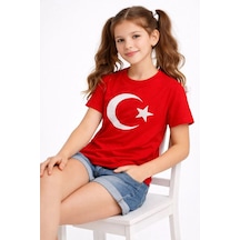 Kız Çocuk Tişört Bisiklet Yaka Ay Yıldız Bayrak Baskılı T-shirt - Kırmızı Çok Renkli