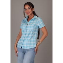 Sweetness Kadın Mavi Kareli Kısa Kollu Pamuklu Gömlek Dk-1190 Mavi
