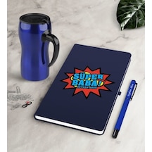 Kişiye Özel Süper Baba Lacivert Defter Kalem Termos Mug Seti-2