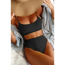 Angelsin Yüksek Bel Özel Kumaş Tankini Bikini Takım Siyah