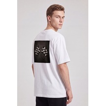 Black Nova Oversize Baskılı Unisex Tişört Race Flags Beyaz