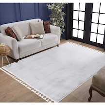 Vl Comfort Peluş Halı Beyaz Düz Saçaklı Açık Gri Ponpon Saçak