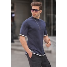 Madmext Lacivert Bisiklet Yaka Şeritli Tişört 6097-lacivert Lacivert