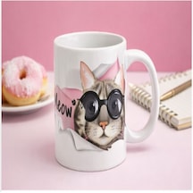 Meow Kedi Tasarımlı Seramik Kupa Sevimli Ve Şık Kahve Bardağı Beyaz