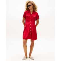 Tommy Hilfiger Kadın Viskon Twill Kısa Kollu Kloş Mini Kırmızı Elbise Ww0ww45819xld Kırmızı