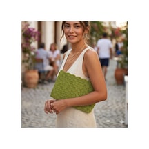 Lento Design Fıstık Yeşili El Örgüsü Raffia Portföy Çanta Bohem Clutch Bej
