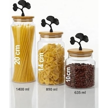 3&apos Lü Bambu Kapaklı Mat Siyah Ginkgo Figürlü Şeffaf Cam Kavanoz Cam Saklama Kabı 635/890/1400ml 12 Izgara