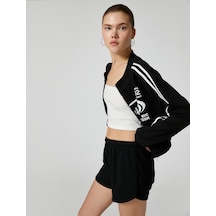 Koton Fermuarlı Sweatshirt Crop Dik Yaka Çizgili Baskılı Siyah 4sal10510ık Siyah