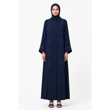 Nazzain Lacivert Dubai İpeği Minimal Taş Detaylı Abaya Çok Renkli