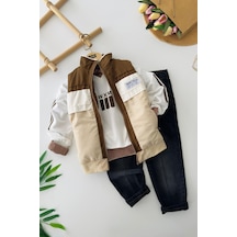 Miniğimin Cicileri Newstyle Kapitone Şişme Yelekli Sweatshirtlü Erkek Çocuk 4 Lü Kombin Takım - Bej
