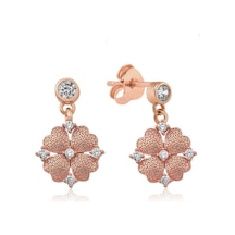 Gümüş Kalp Yapraklı Çiçek Küpe Rose