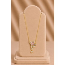 Pembe Taşlı Kelebek Figürlü Gold Kolye Gümüş
