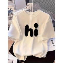 Kadın Kısa Kol Yazlık Tişört Bisiklet Yaka Hi Baskılı T-shirt - Beyaz