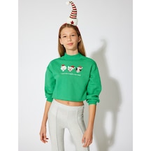 Koton Sweatshirt Uzun Kollu Dik Yaka Yılbaşı Temalı Baskı Detaylı Pamuklu Yeşil 5wkg10545ak Koyu Yeşil