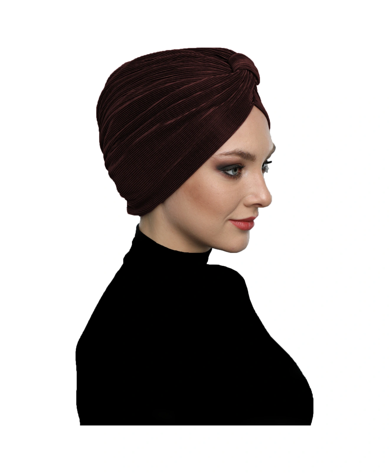Çapraz Plise Bantlı Astarlı Kahverengi Hazır Türban Tesettür Havuz Bonesi Kahve