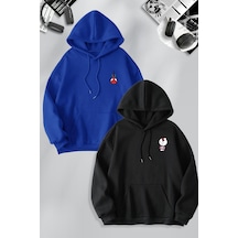 Macklin Sevgili Çift Kombin Spiderman Ve Hello Kitty Baskılı Özel Tasarım Kapüşonlu Sweatshirt 2li Set Takım Mavi Siyah Mck1193 Çok Renkli