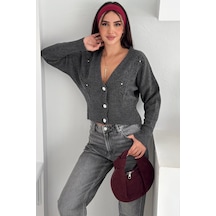 Noa & Noa Kadın Çiçek Nakışlı Düğmeli Premium Hırka Romantik & Zarif Stil Antrasit