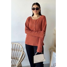 Kadın Kiremit Yumuşak Dokulu, Düğmeli Bisiklet Yaka, Regular Kesim Triko Kazak, Bluz Kiremit