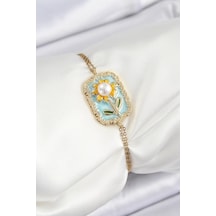 316l Çelik Zincir Turkuaz Mineli Sanatsal Portre İnci Detaylı Papatya Model Gold Renk Kadın Bileklik Çok Renkli