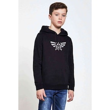 Tshirthane Triforce Nes Baskılı Unisex Çocuk Kapüşonlu Siyah Sweatshirt