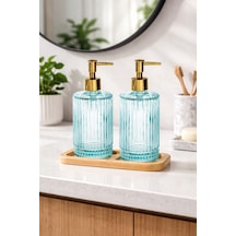 Buççin Online Mağaza Ahşap Standlı 2 Li Cam Sıvı Sabunluk 500 Ml Modern Banyo Ve Mutfak İçin Dekoratif Cam Sabunluk Seti Çok Renkli