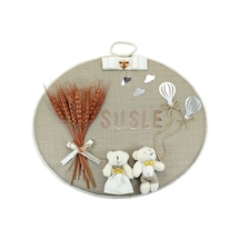 Süslebabypartystore Kuru Çiçek Tanzimli, Jüt Kumaş, Isimli Oval Kapı Süsü Çok Renkli