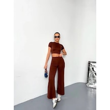 Kadın Osy Modal Yumuşak Kumaş Kısa Kollu Crop Alt İspanyol Paça Pantalon İkili Takım - Kahverengi Kahverengi
