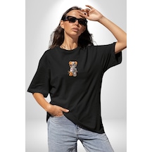Robot Ayı Güneş Gözlüğü Siyah Oversize Unisex Ön Orta Minimal Baskılı Tişört Siyah