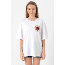 Efnaz Style Türk Arma Baskılı Oversize Bisiklet Yaka Günlük T-shirt - Beyaz