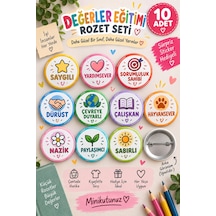 10 Lu Değerler Eğitimi Rozet Seti Saygılı, Yardımsever, Sorumluluk Sahibi, Dürüst, Çalışkan Öğrenci Motivasyon Rozetleri Diğer