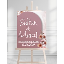 Söz Nişan Düğün İçin 50x70 Karşılama Panosu - Pembe Çiçek Tasarımlı 002 Beyaz