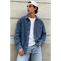 Tarz Cool Erkek Regular Denim Gömlek Yıkamalı Kot Uzun Kollu Cepli Jean Gömlek Lacivert