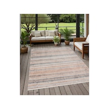 Outdoor & Indoor Kilim Bej Gri Çizgili Minimal Tasarım Kaymaz Taban Bej Bej