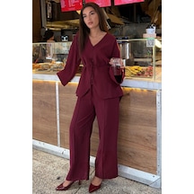 Madmext Bordo V Yaka Düğmeli Kuşaklı İkili Modal Kadın Takım Mg2619