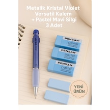 Metalik Kristal Violet Versatil Kalem + Pastel Mavi Silgi 3 Adet Metalik Mavi