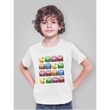 Sevbano Pacman Oyun Baskılı Unisex Çocuk Tişört 1-12 Yaş Beyaz