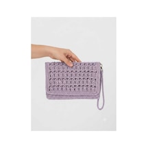 Myzumax El Örmesi Kadın Kağıt İp Portföy Çanta - 2 Bölmeli Mıknatıslı Bilek Askılı Bohem Clutch Lila