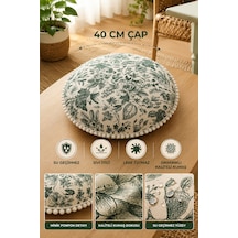 Yeşil Çiçekli Toile De Jouy Desenli Yuvarlak Minder 40 Cm - Su Geçirmez, Sıvı İtici, Leke Tutmaz, Ponponlu Çok Renkli