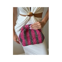 Genel Markalar El Örgüsü Fuşya Sim Detaylı Clutch Abiye El Çantası El Yapımı Kadın Portföy Çanta Pembe Pembe