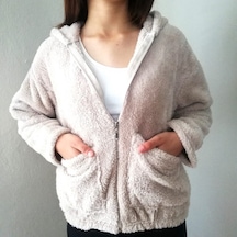 Yumuşacık Peluş Kapşonlu Fermuarlı Sweatshirt Hırka Taş Renk Çok Renkli