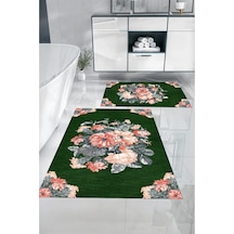 Buççin Online Mağaza Dijital Baskılı Yıkanabilir Kaymaz Taban Çiçek Detaylı Banyo Paspası Klozet Takımı Polyester Yeşil Çok Renkli