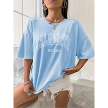 California West Coast Süprem T-shirt - Bebe Mavisi Baskılı Oversize Bisiklet Yaka Tişört Bebe Mavisi