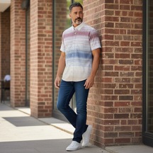 Slim Fit Pamuklu Çizgili Pano Desen Kısa Kollu Gömlek Slim Fit Kalıp Pembe