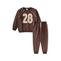 Cigit Şardonlu Karyoka Detaylı Baskılı Sweatshirt Takım 2-10 Yaş Kahverengii Kahverengi