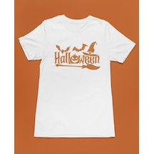 Bumeta Halloween Yarasa Balkabağı Cadı Şapkası Ve Süpürge Turuncu Unisex Tişört T-shirt Beyaz
